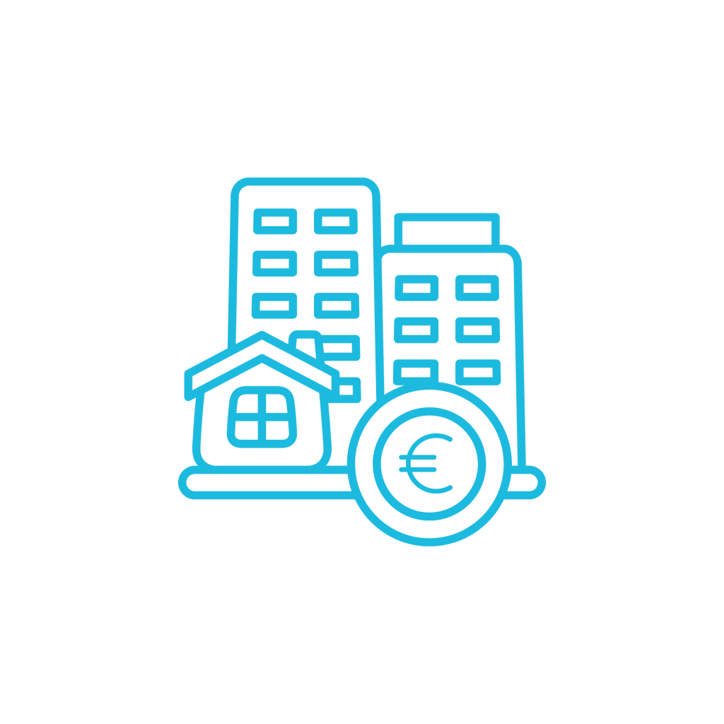 Dessin de bâtiments et maison représentant l'immobilier avec une pièce de monnaie au premier plan.